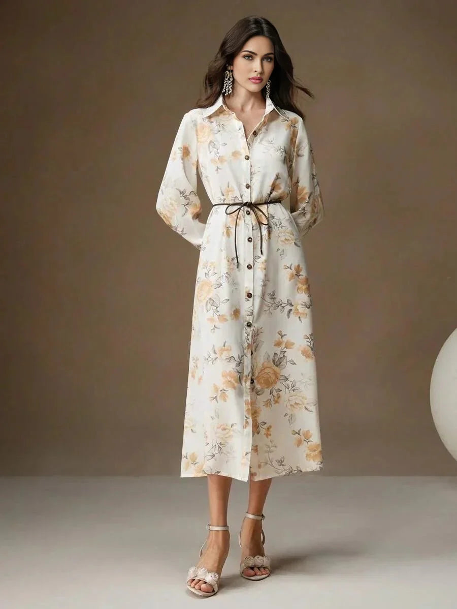 Jenna Midi Dress - Elegant Style - Floral Print - Belted Design - High Waist - Long Sleeve
