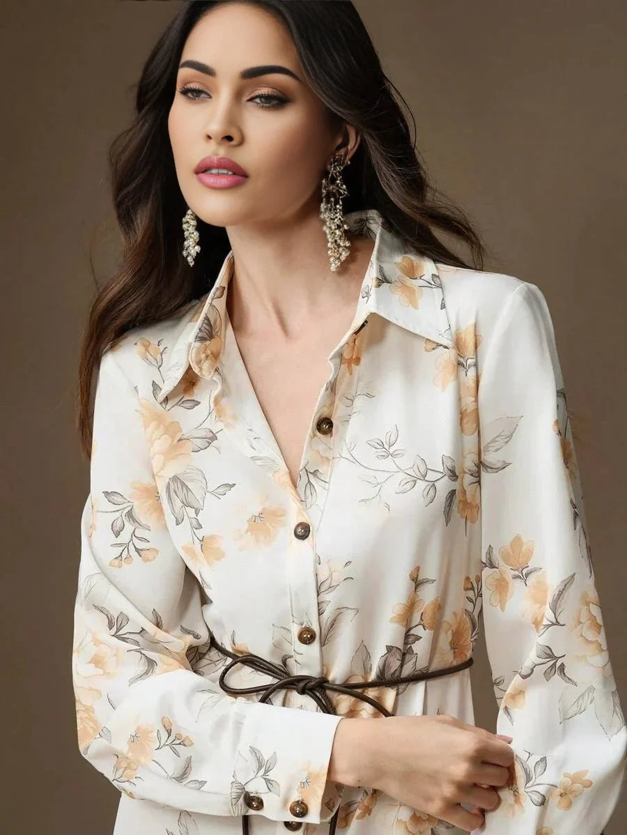 Jenna Midi Dress - Elegant Style - Floral Print - Belted Design - High Waist - Long Sleeve