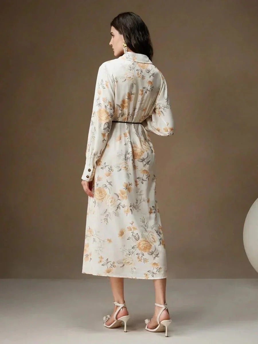 Jenna Midi Dress - Elegant Style - Floral Print - Belted Design - High Waist - Long Sleeve