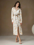 Jenna Midi Dress - Elegant Style - Floral Print - Belted Design - High Waist - Long Sleeve