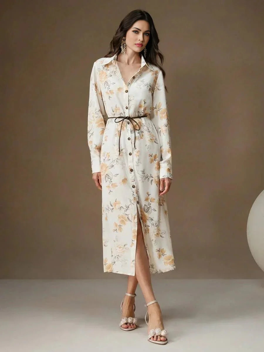 Jenna Midi Dress - Elegant Style - Floral Print - Belted Design - High Waist - Long Sleeve