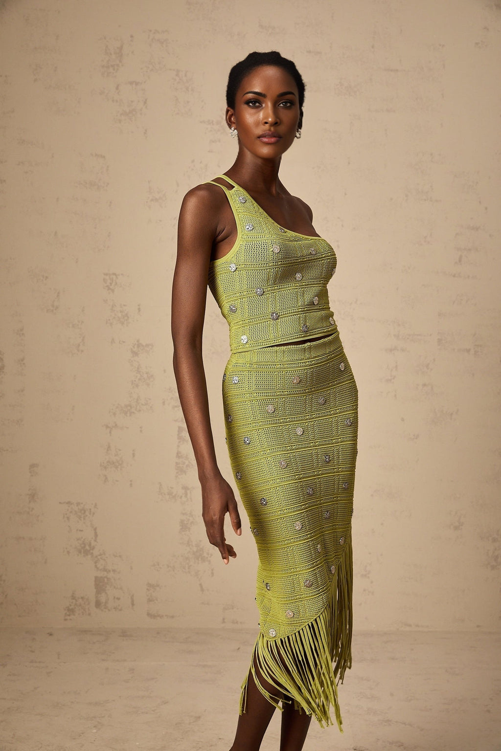 Jenna Skirt & Top Set - One - Shoulder Knit Top - Fringed Edge Skirt - Hardware Embellishment - Calf - Length