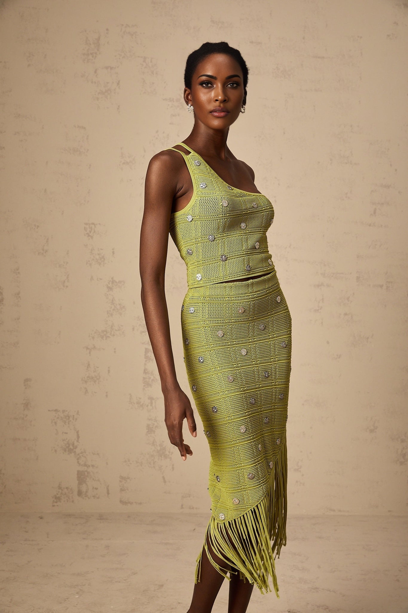 Jenna Skirt & Top Set - One - Shoulder Knit Top - Fringed Edge Skirt - Hardware Embellishment - Calf - Length