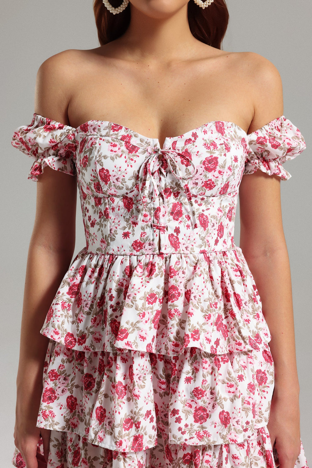 Jenna White Floral Off-The-Shoulder Layered Ruffle Dress