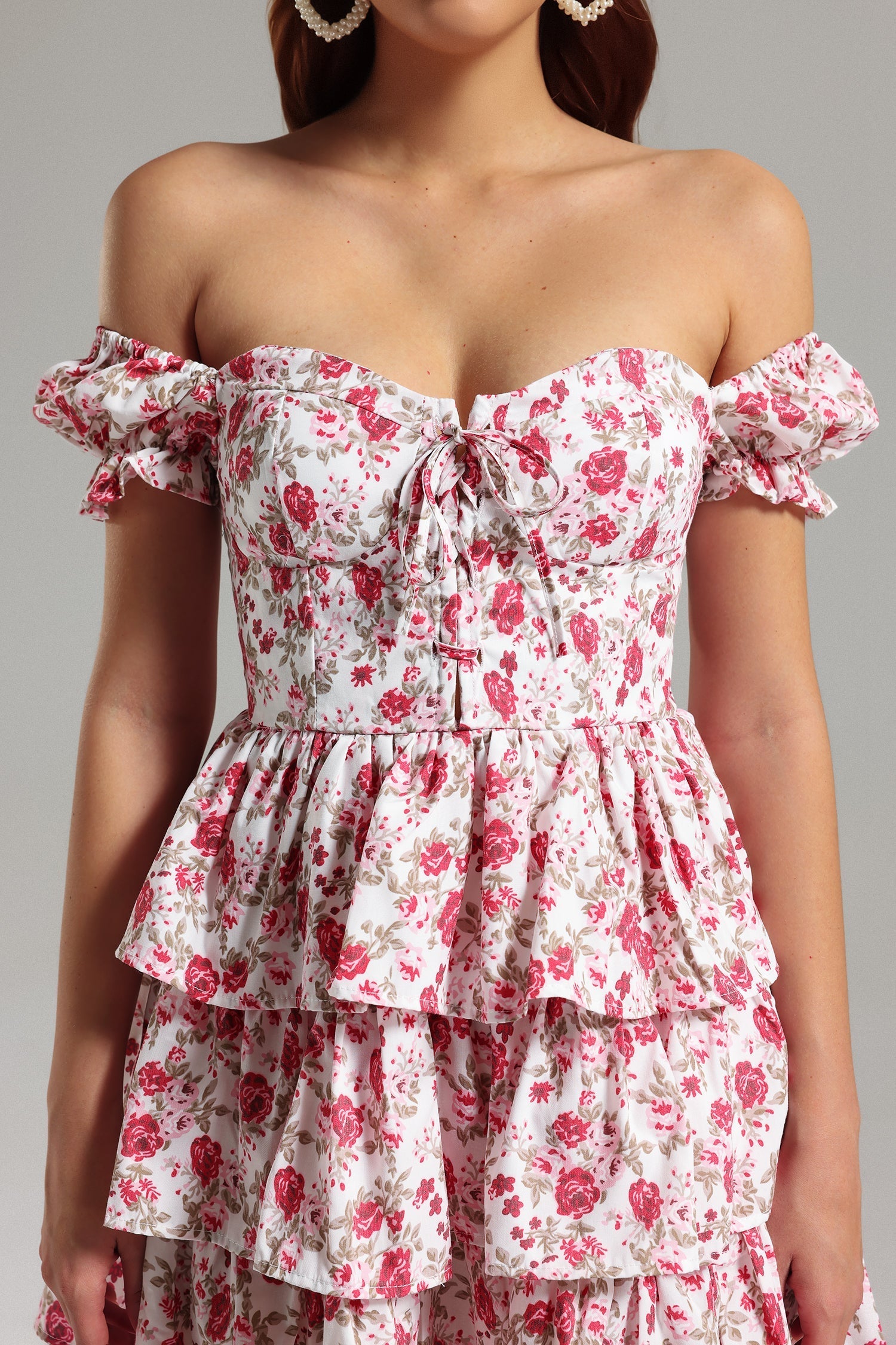 Jenna White Floral Off-The-Shoulder Layered Ruffle Dress