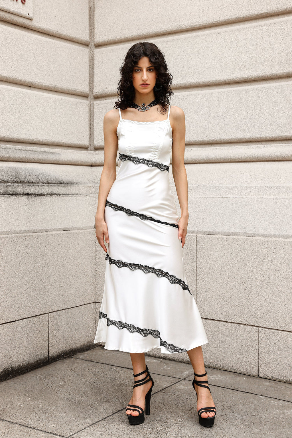 Jenna White Satin Square Neckline Dress with Skew Lace Detailing