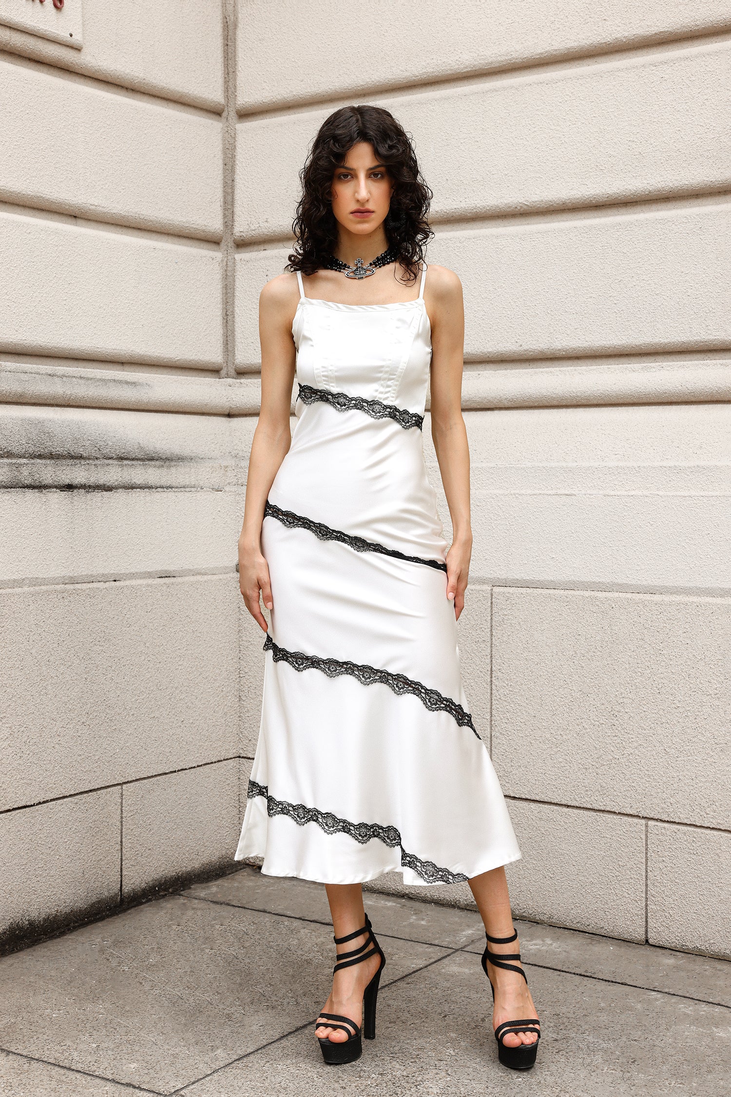 Jenna White Satin Square Neckline Dress with Skew Lace Detailing