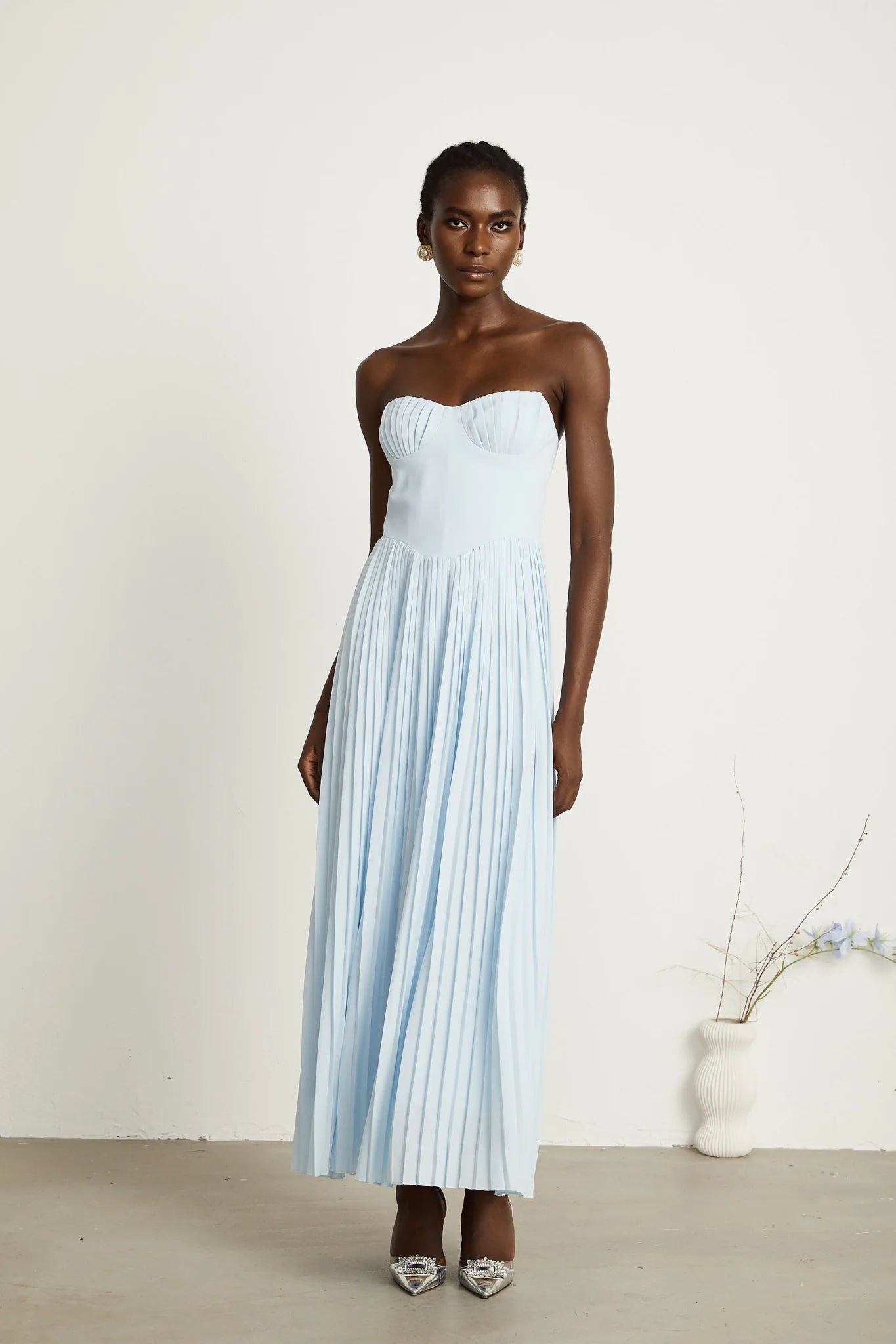 Jessica Blue Maxi Dress with Off - Shoulder Corset Style and Pleated Skirt