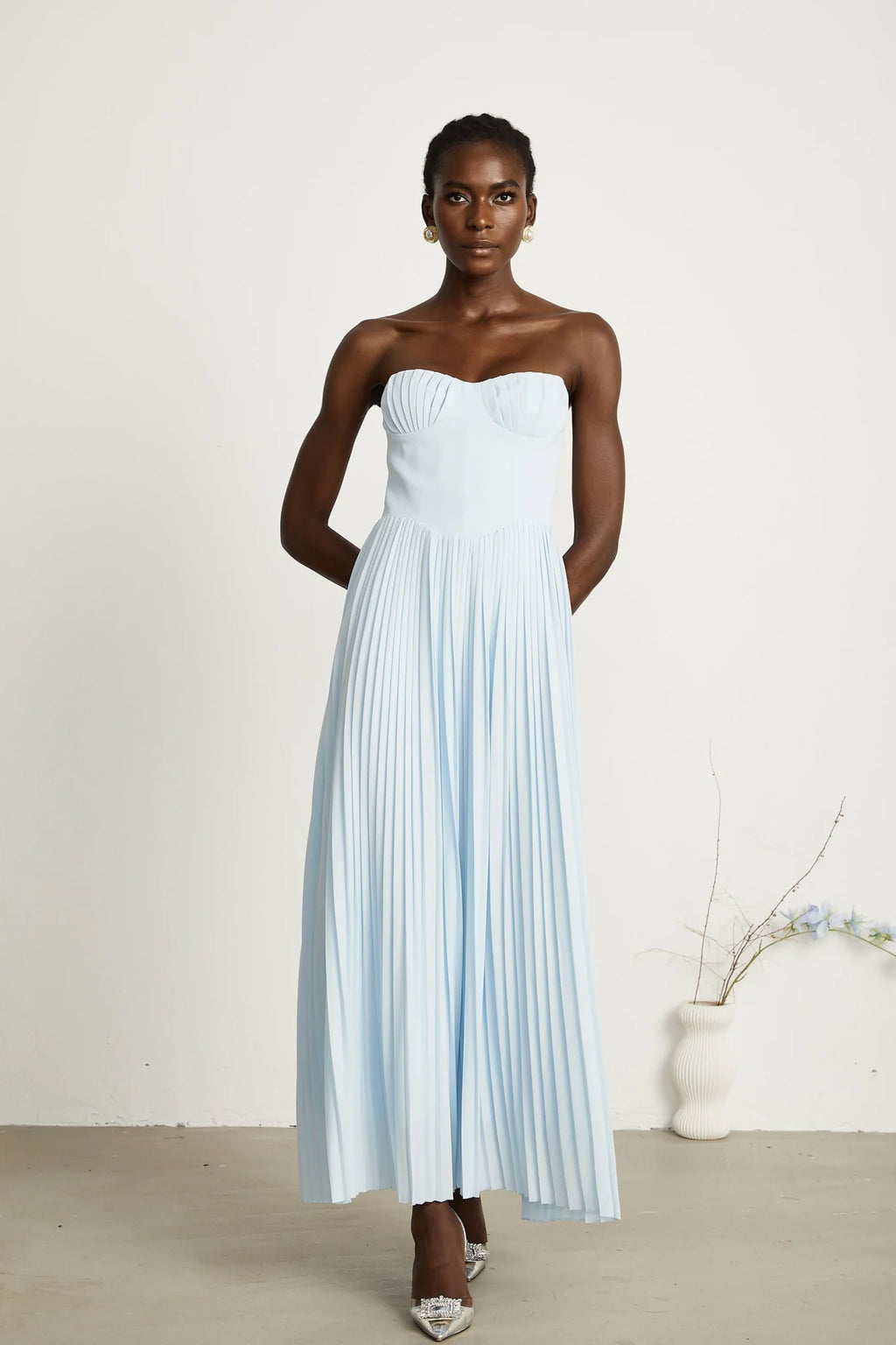 Jessica Blue Maxi Dress with Off - Shoulder Corset Style and Pleated Skirt