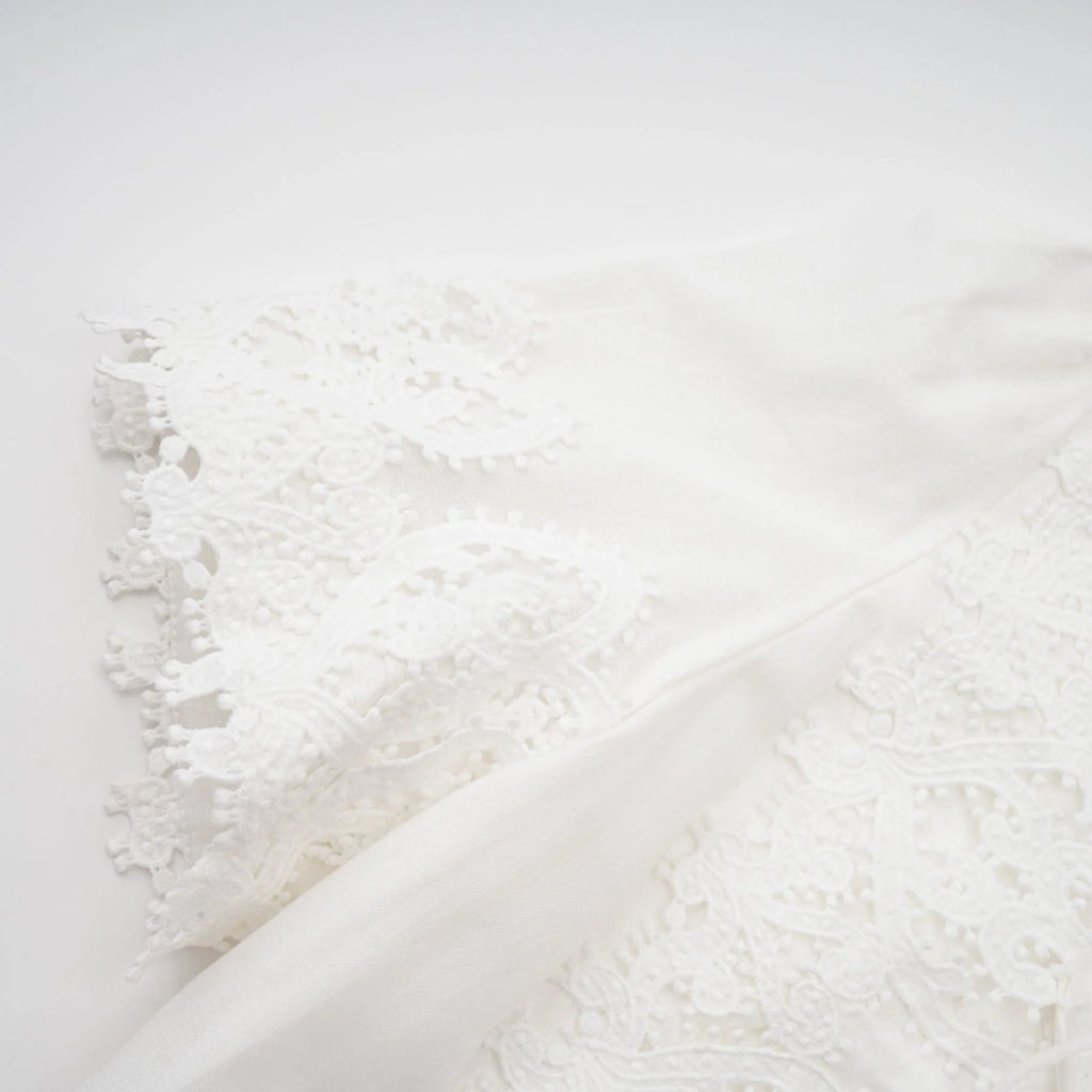 Jessica Floral Midi Dress in White with Mock Neck & Lace Embellishment