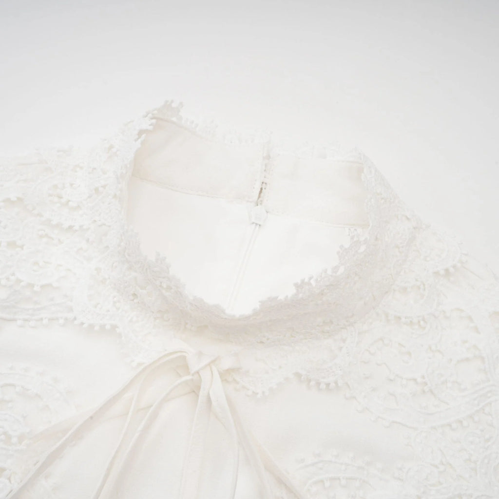 Jessica Floral Midi Dress in White with Mock Neck & Lace Embellishment