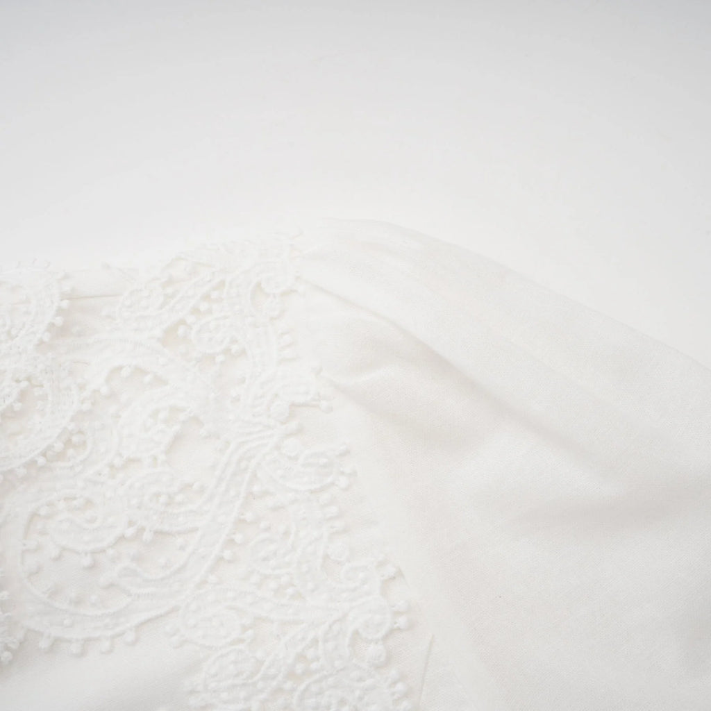 Jessica Floral Midi Dress in White with Mock Neck & Lace Embellishment
