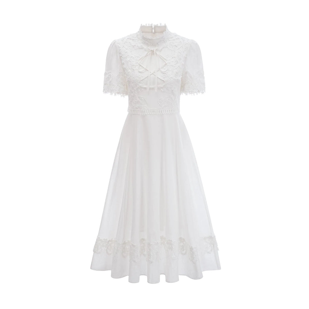 Jessica Floral Midi Dress - Mock Neck - Short Sleeves - Lace Embellishment - A - line Skirt