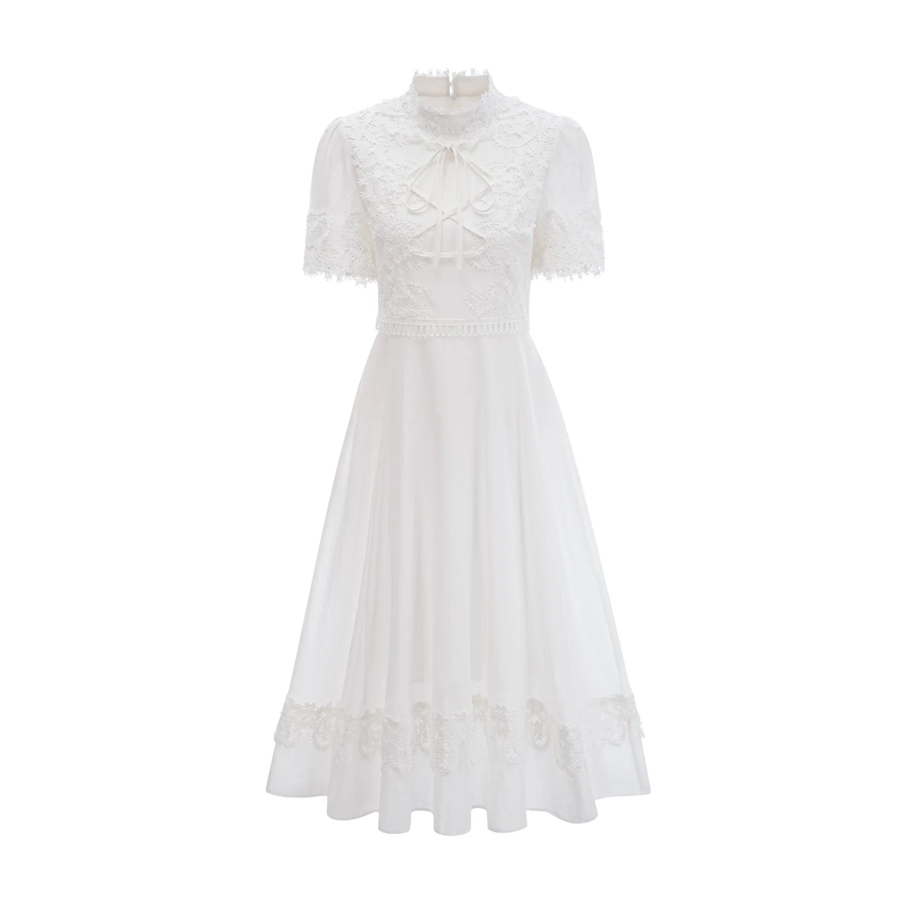 Jessica Floral Midi Dress - Mock Neck - Short Sleeves - Lace Embellishment - A - line Skirt