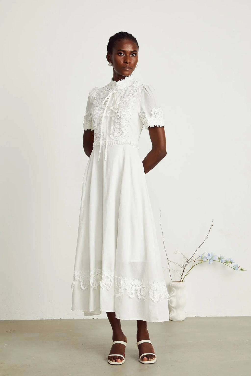 Jessica Floral Midi Dress - Mock Neck - Short Sleeves - Lace Embellishment - A - line Skirt