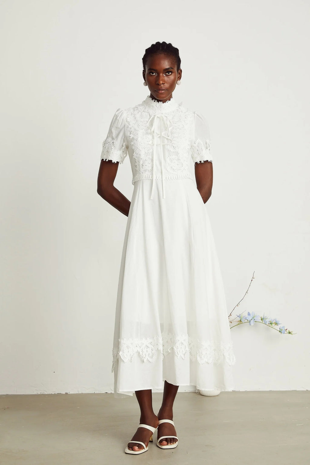 Jessica Floral Midi Dress - Mock Neck - Short Sleeves - Lace Embellishment - A - line Skirt
