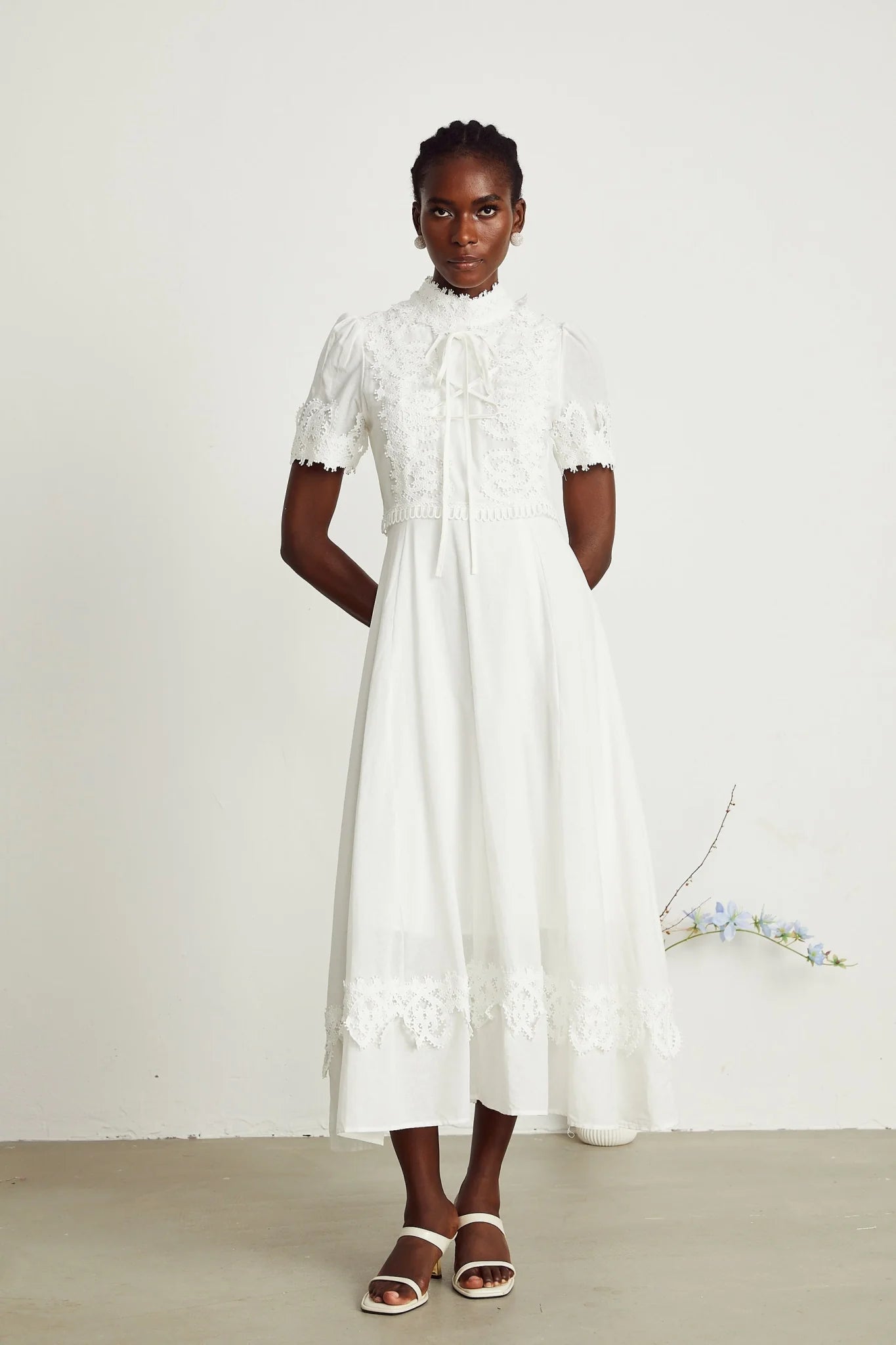 Jessica Floral Midi Dress - Mock Neck - Short Sleeves - Lace Embellishment - A - line Skirt