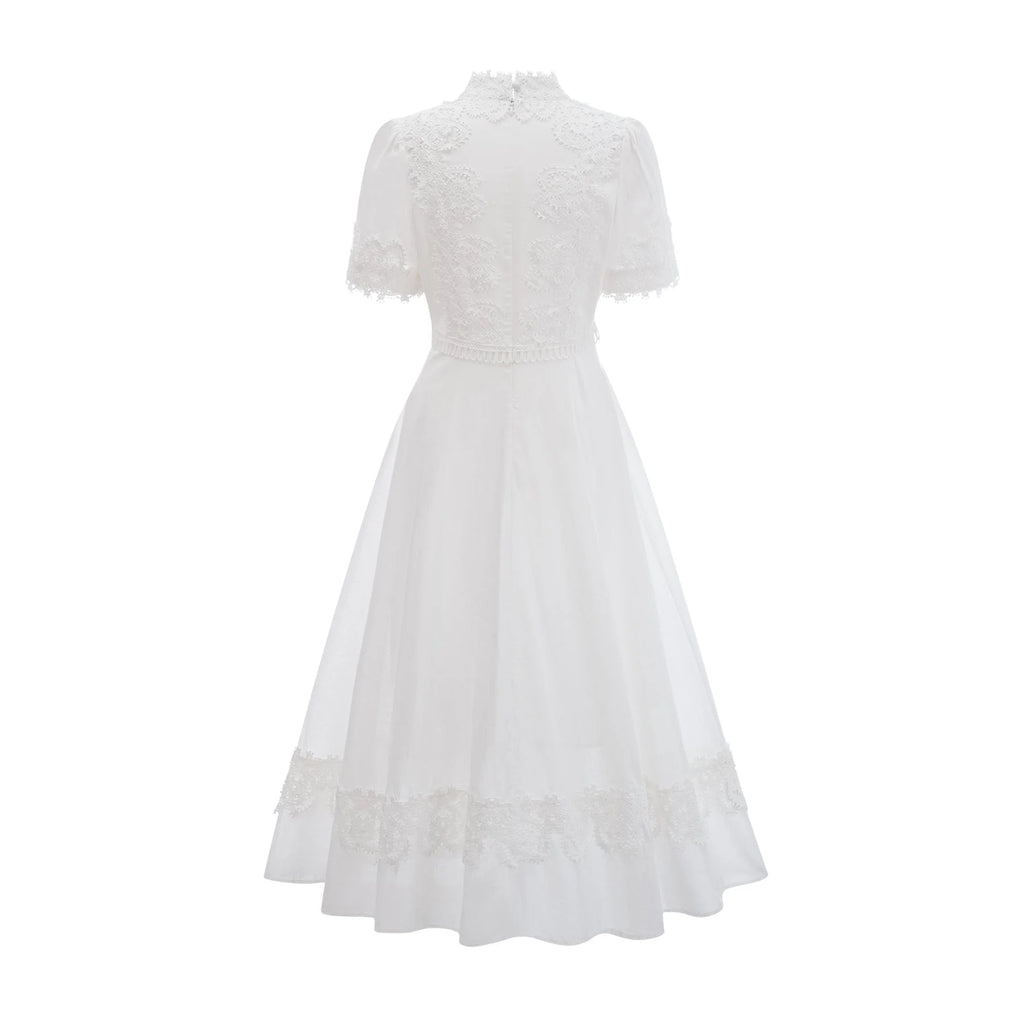 Jessica Floral Midi Dress - Mock Neck - Short Sleeves - Lace Embellishment - A - line Skirt