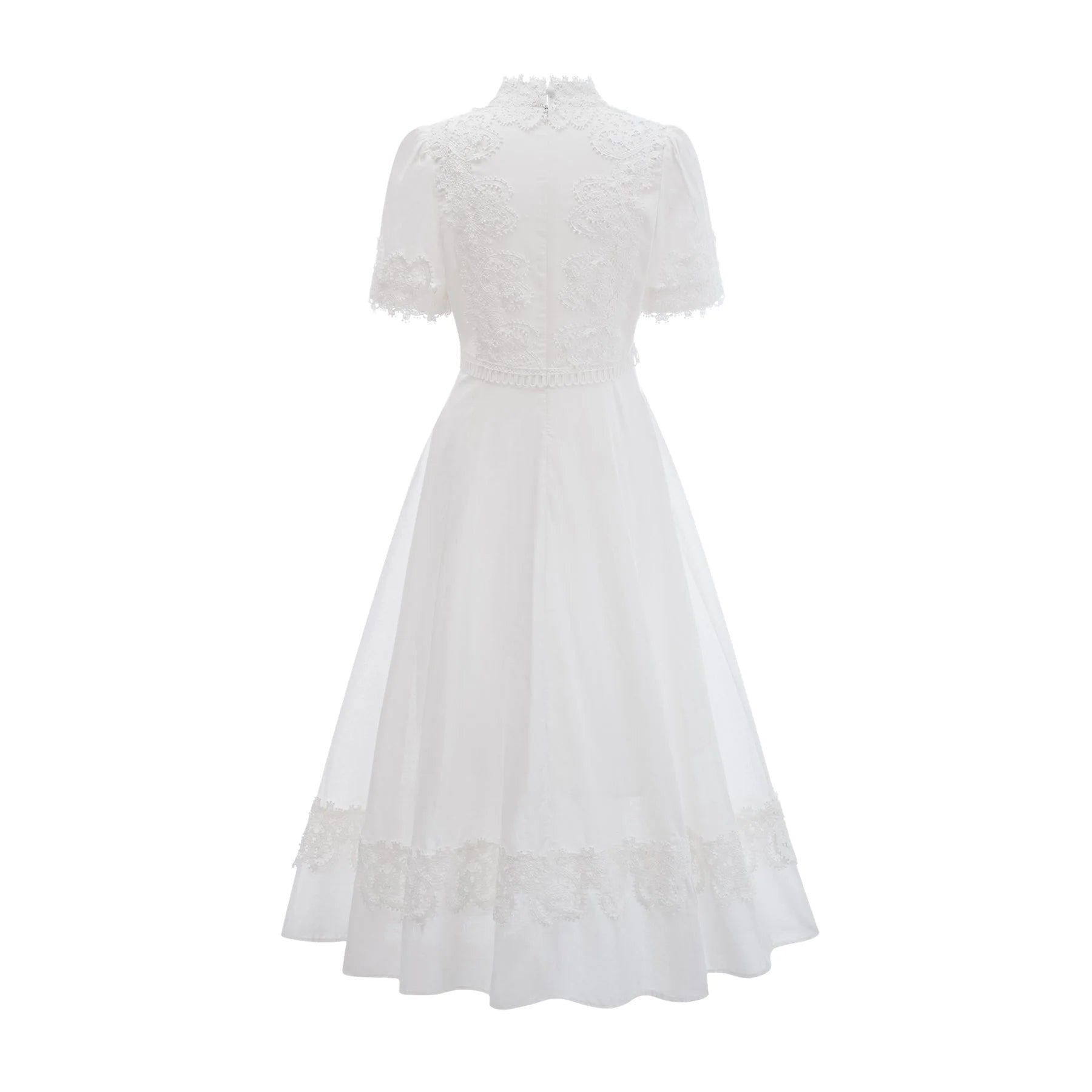 Jessica Floral Midi Dress - Mock Neck - Short Sleeves - Lace Embellishment - A - line Skirt