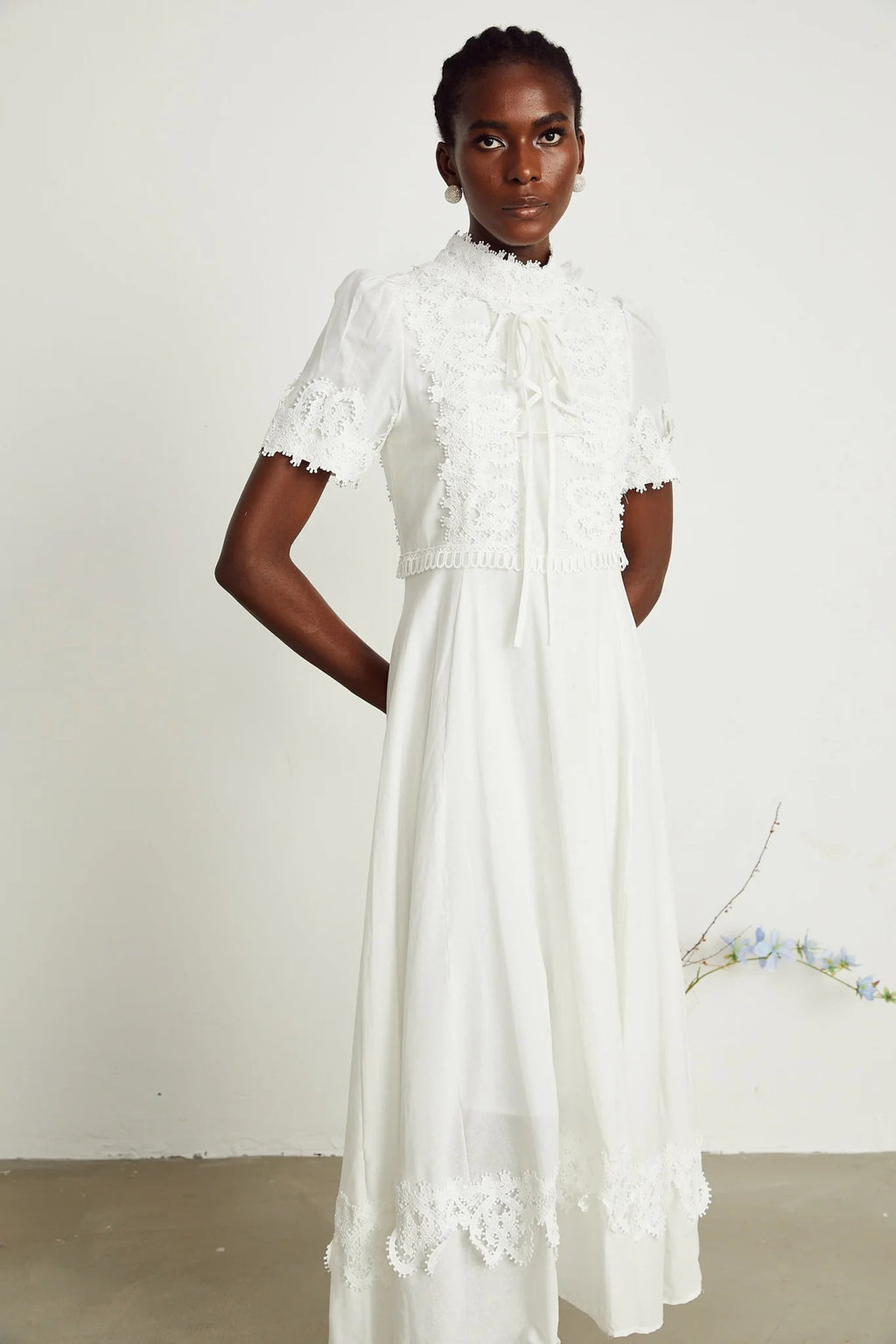 Jessica Floral Midi Dress - Mock Neck - Short Sleeves - Lace Embellishment - A - line Skirt