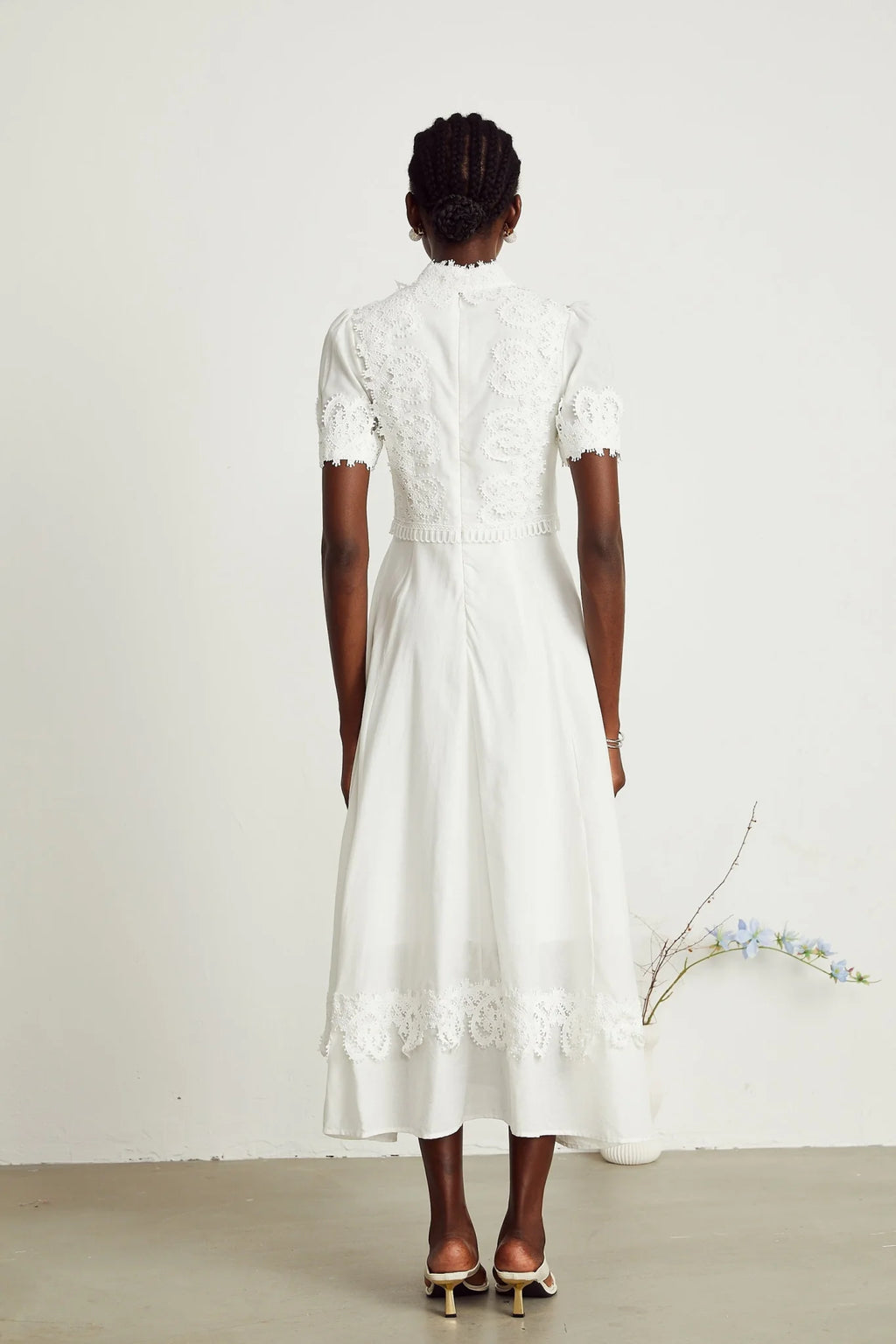 Jessica Floral Midi Dress - Mock Neck - Short Sleeves - Lace Embellishment - A - line Skirt