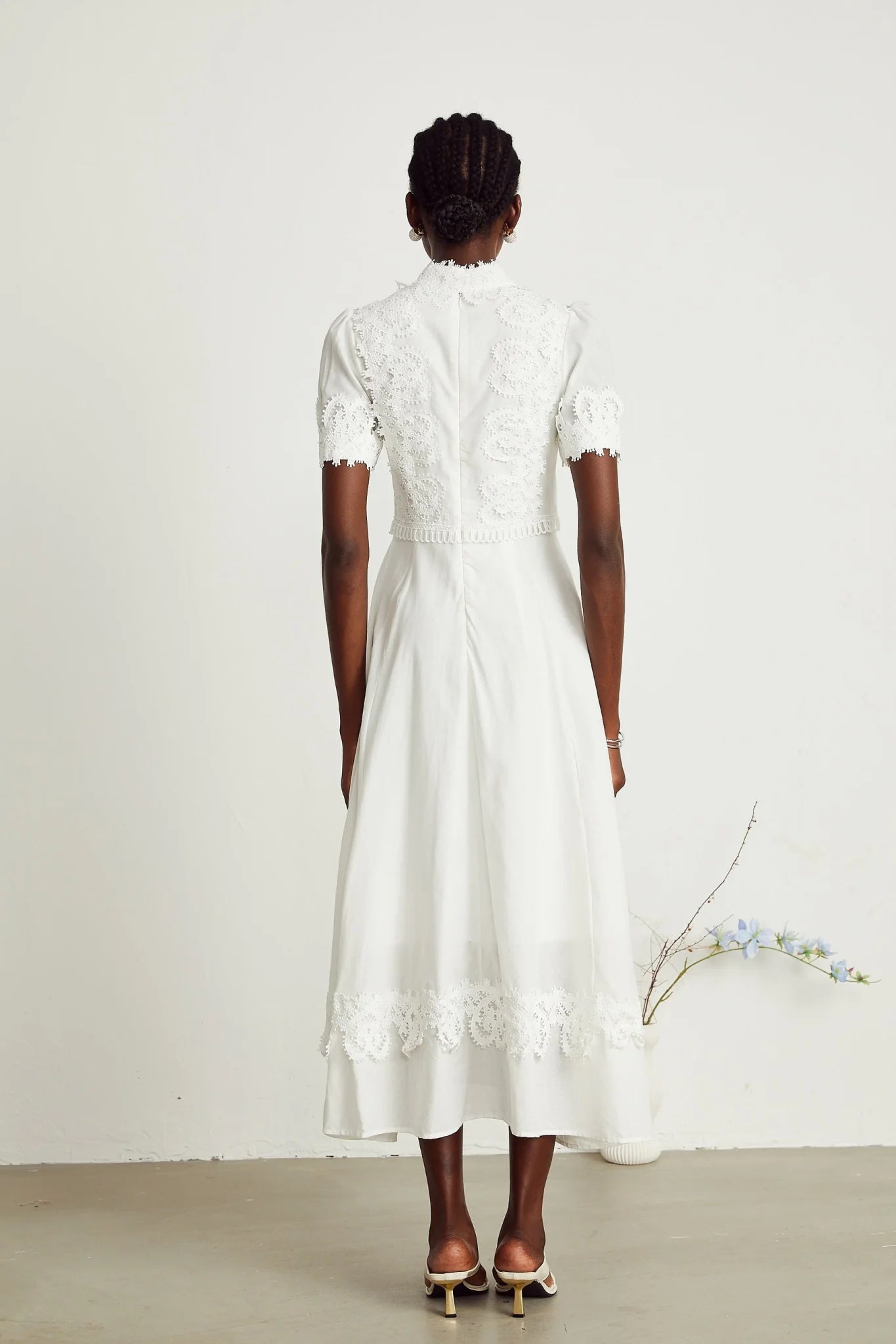 Jessica Floral Midi Dress - Mock Neck - Short Sleeves - Lace Embellishment - A - line Skirt