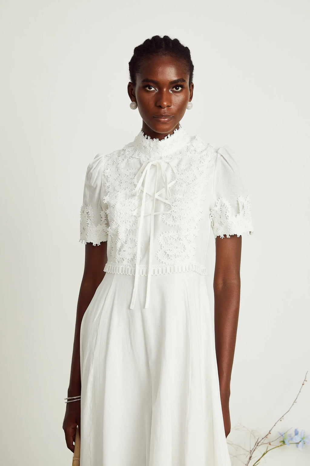 Jessica Floral Midi Dress - Mock Neck - Short Sleeves - Lace Embellishment - A - line Skirt