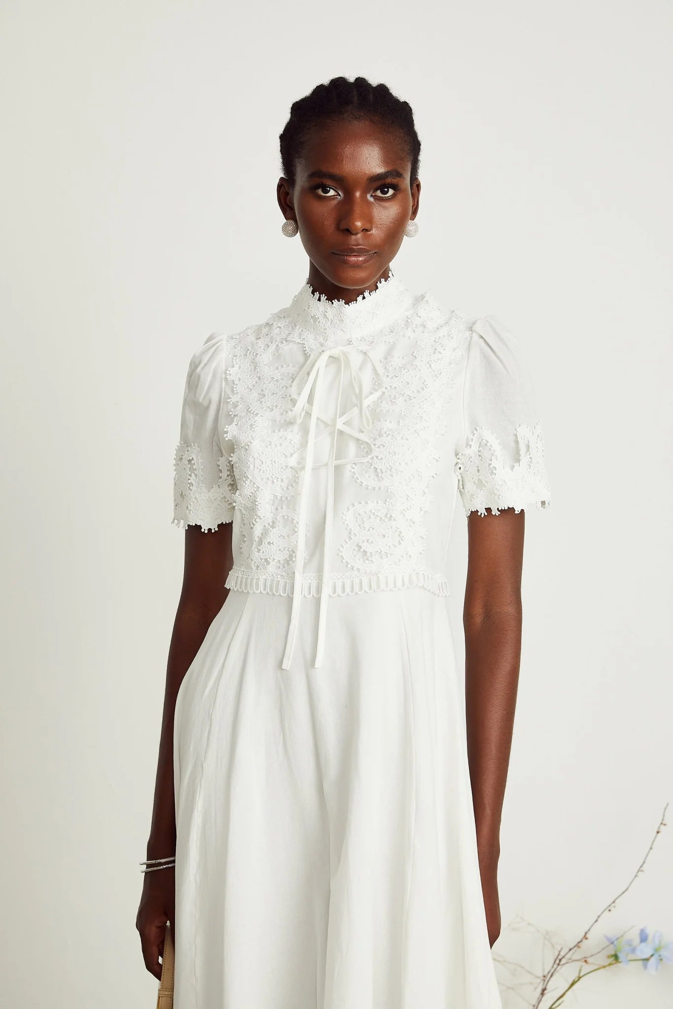 Jessica Floral Midi Dress - Mock Neck - Short Sleeves - Lace Embellishment - A - line Skirt
