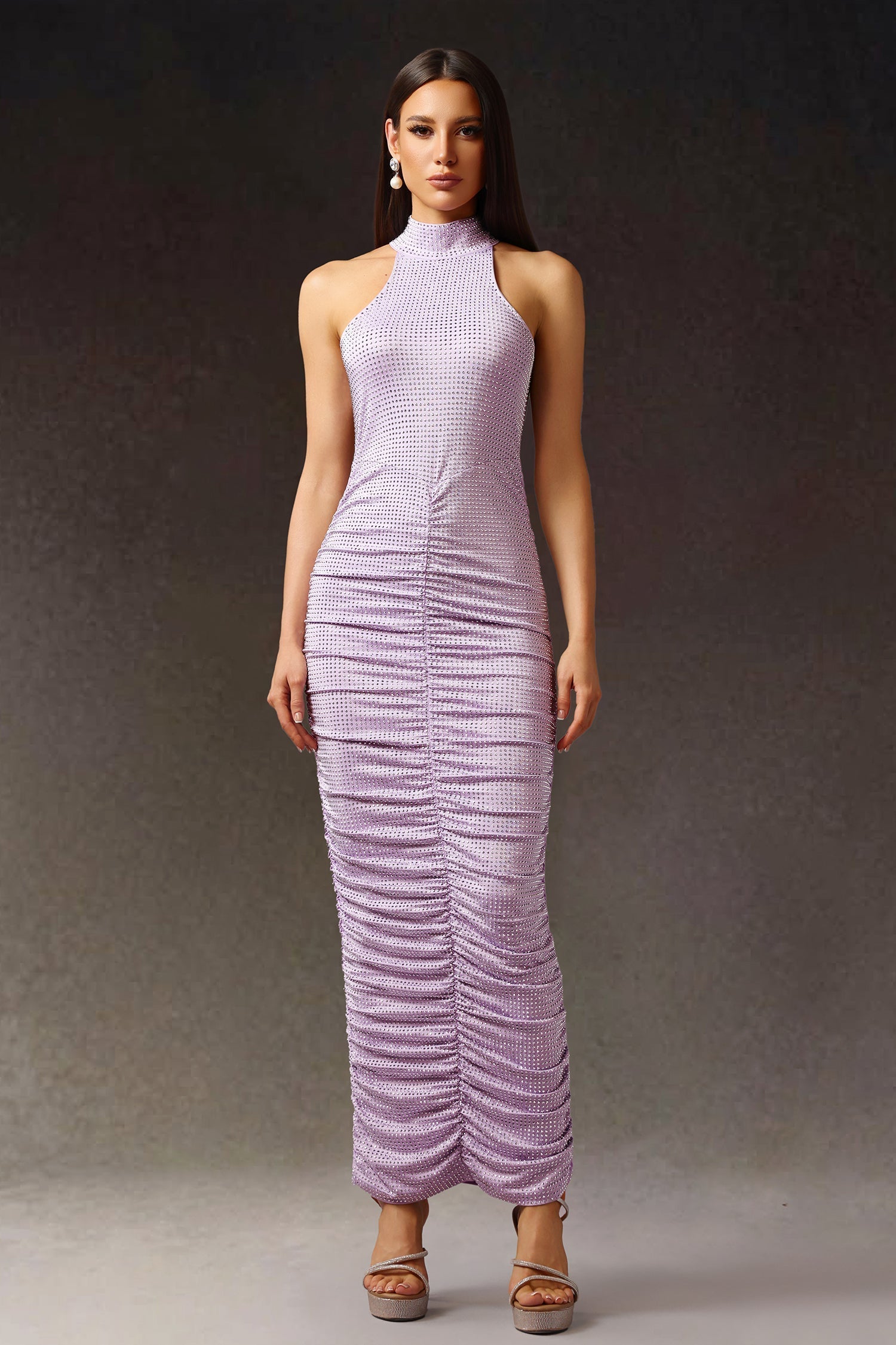 Jessica Purple Halter Maxi Dress Diamond Fold Detailing
