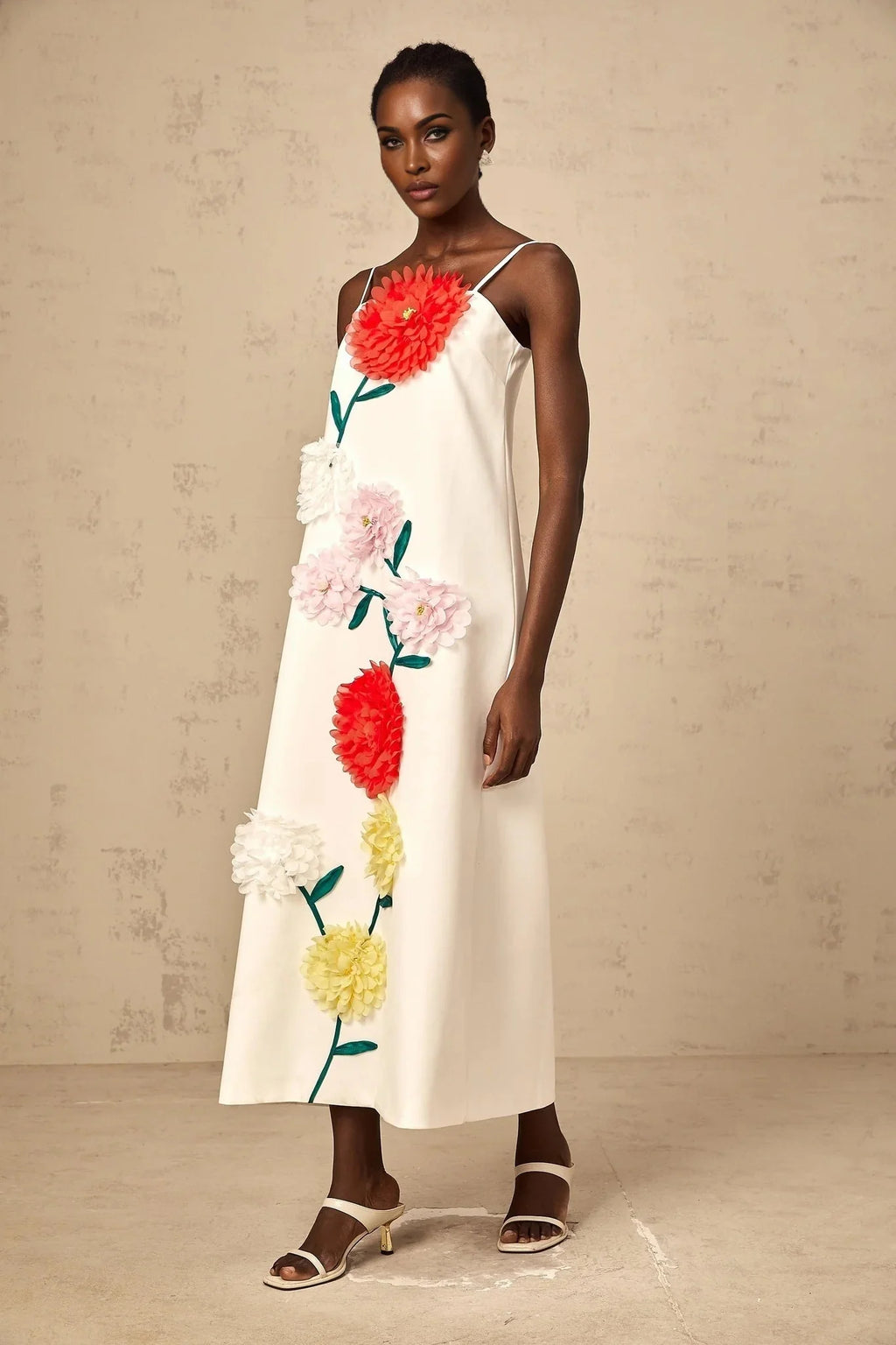 Joanna Midi Dress White 3D Petal Sleeveless Shift & Dart Detailing