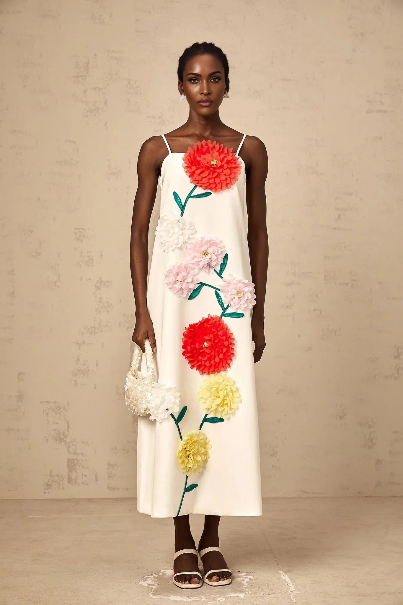 Joanna Midi Dress White 3D Petal Sleeveless Shift & Dart Detailing