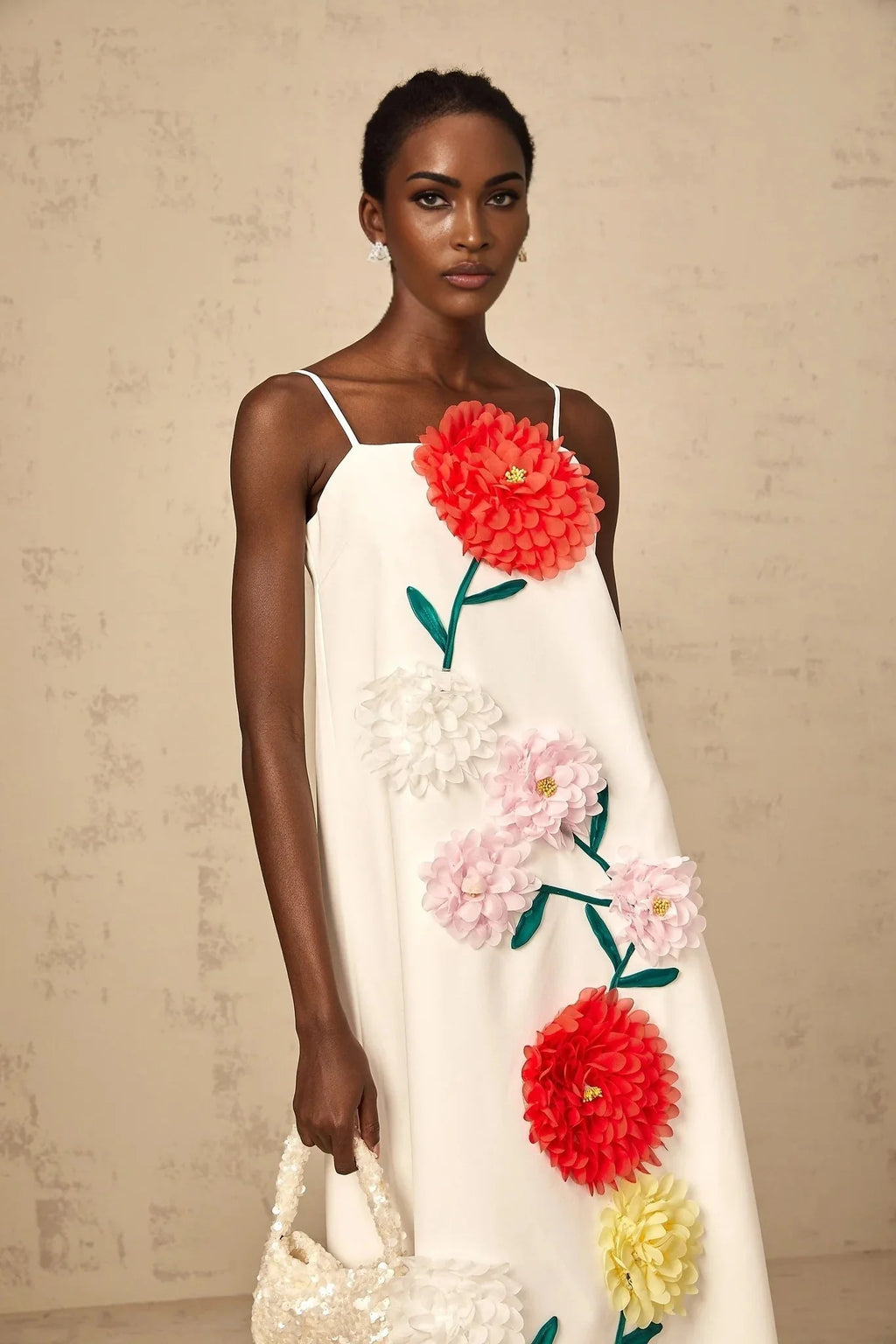 Joanna Midi Dress White 3D Petal Sleeveless Shift & Dart Detailing