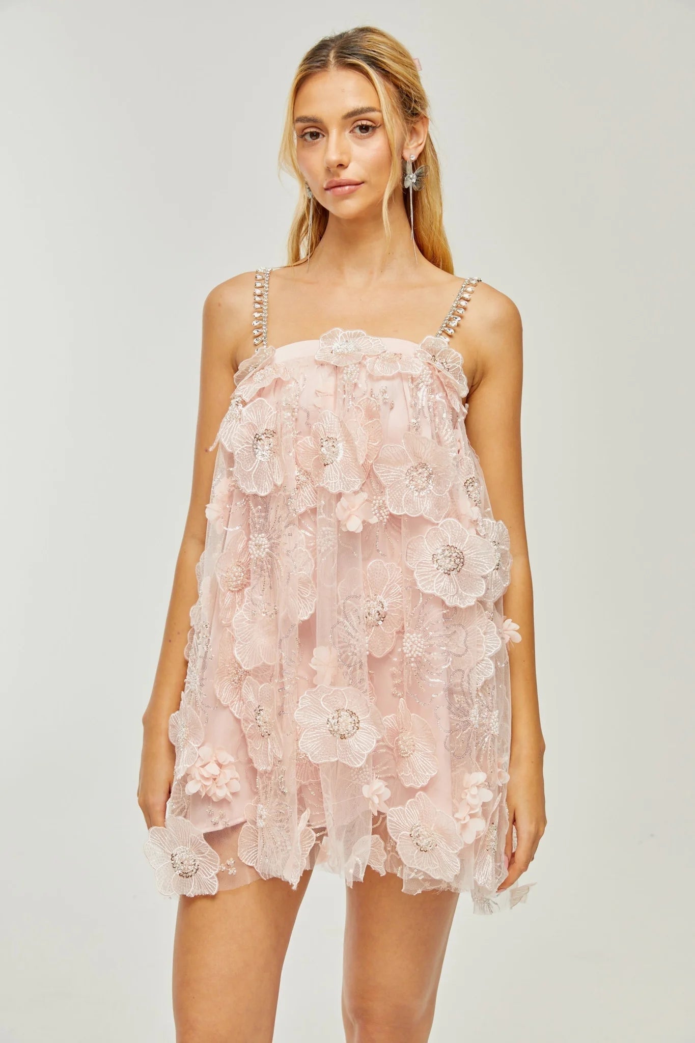 Joanna Mini Dress - Spaghetti Straps - Crystal & Faux - Pearl Embellishments - Rear Zip Fastening - Mini Length