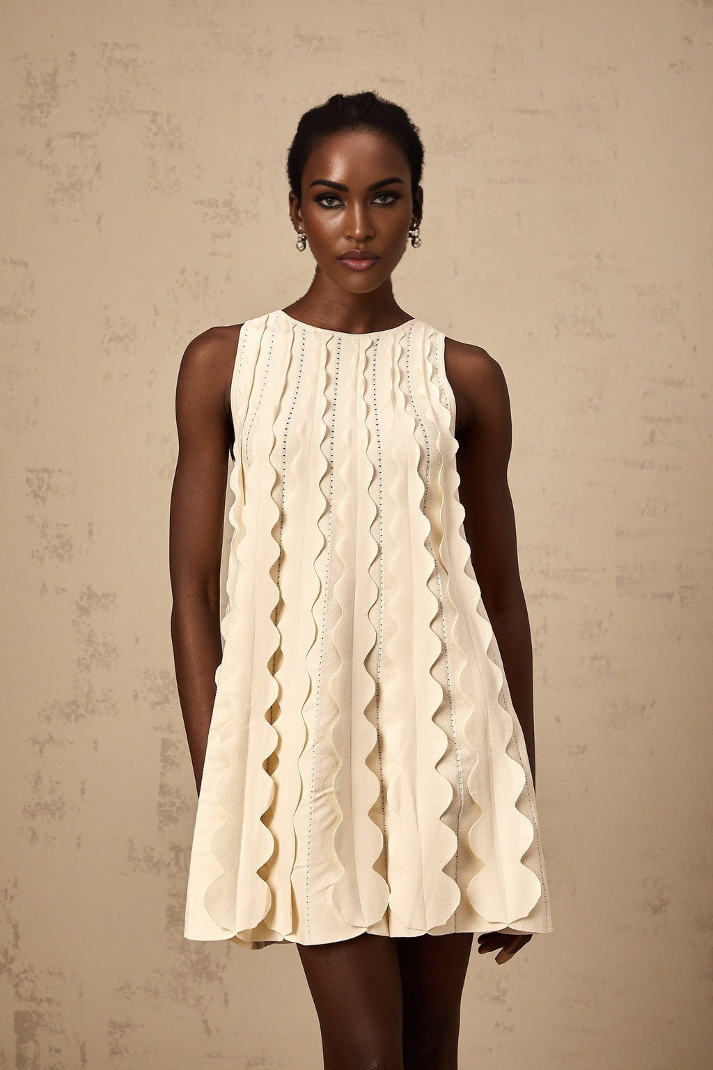 Joanna Mini Dress White Wavy Sleeveless with Rear Tie & Wavy Detailing