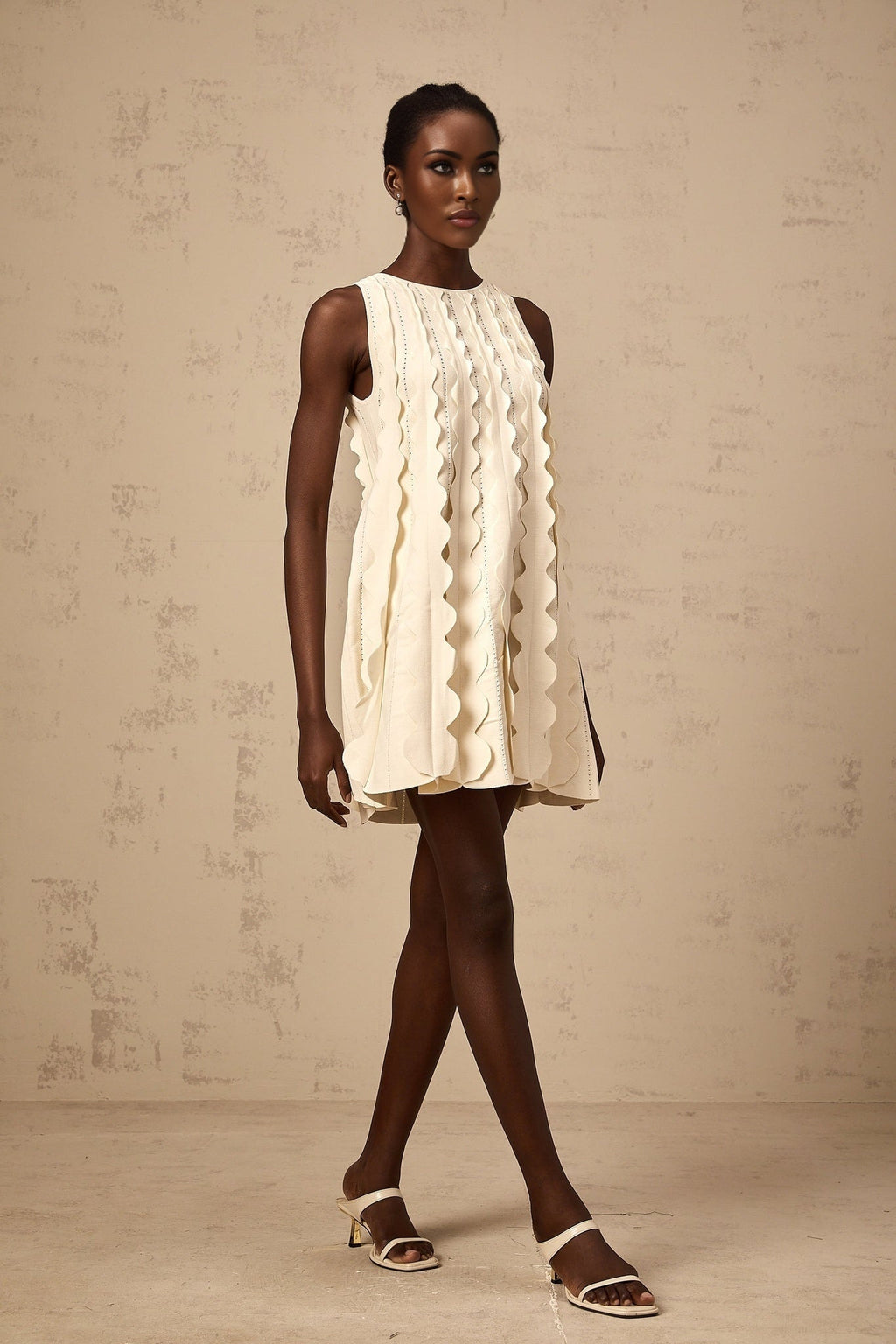 Joanna Mini Dress White Wavy Sleeveless with Rear Tie & Wavy Detailing