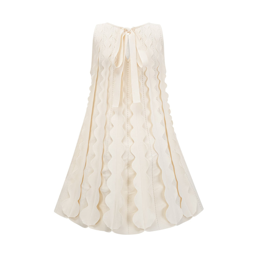 Joanna Mini Dress White Wavy Sleeveless with Rear Tie & Wavy Detailing