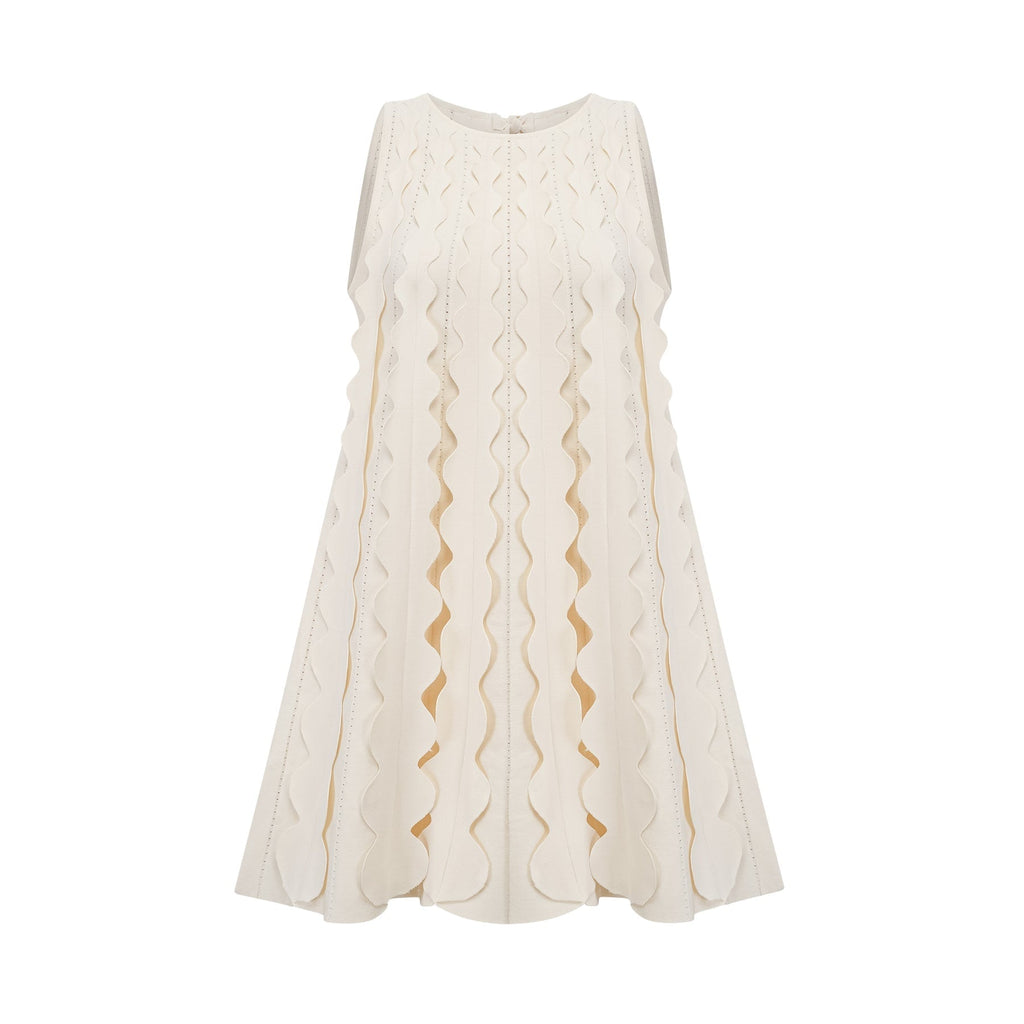 Joanna Mini Dress White Wavy Sleeveless with Rear Tie & Wavy Detailing
