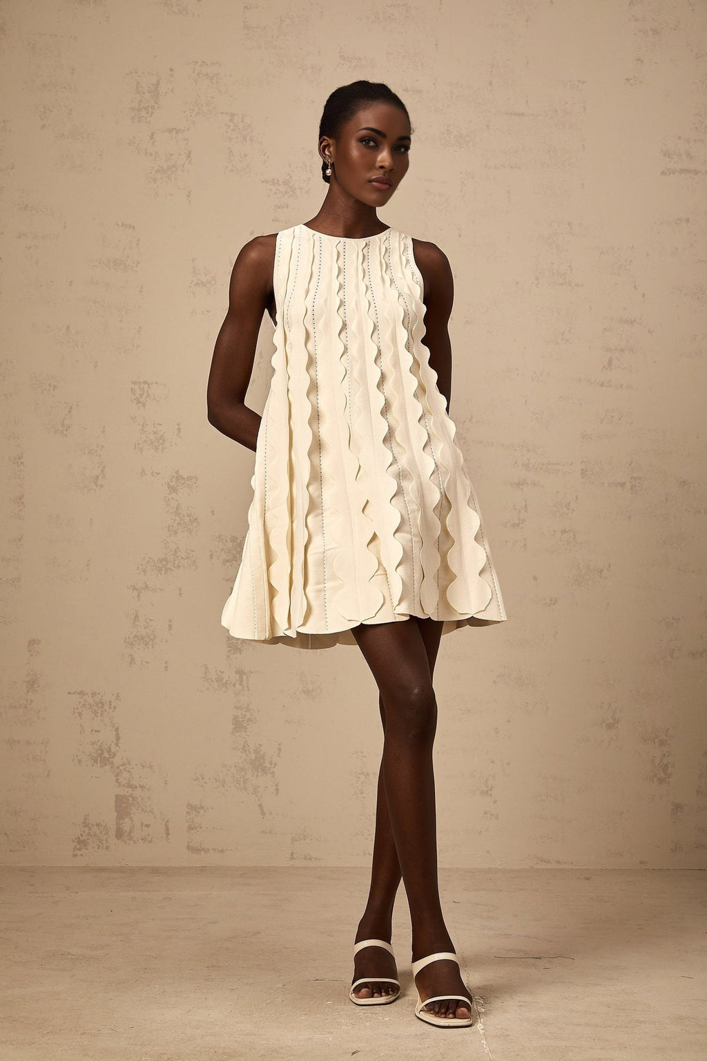 Joanna Mini Dress White Wavy Sleeveless with Rear Tie & Wavy Detailing