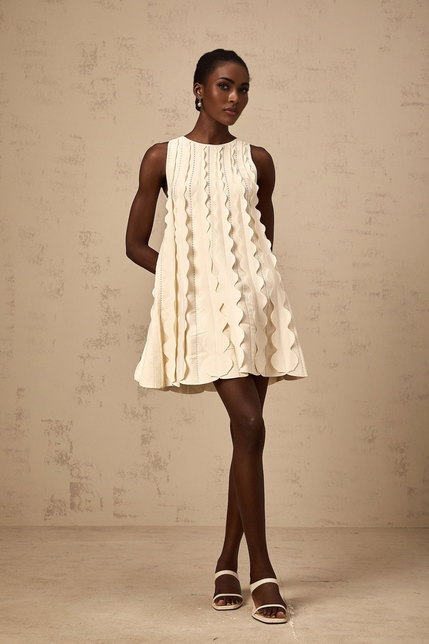 Joanna Mini Dress White Wavy Sleeveless with Rear Tie & Wavy Detailing