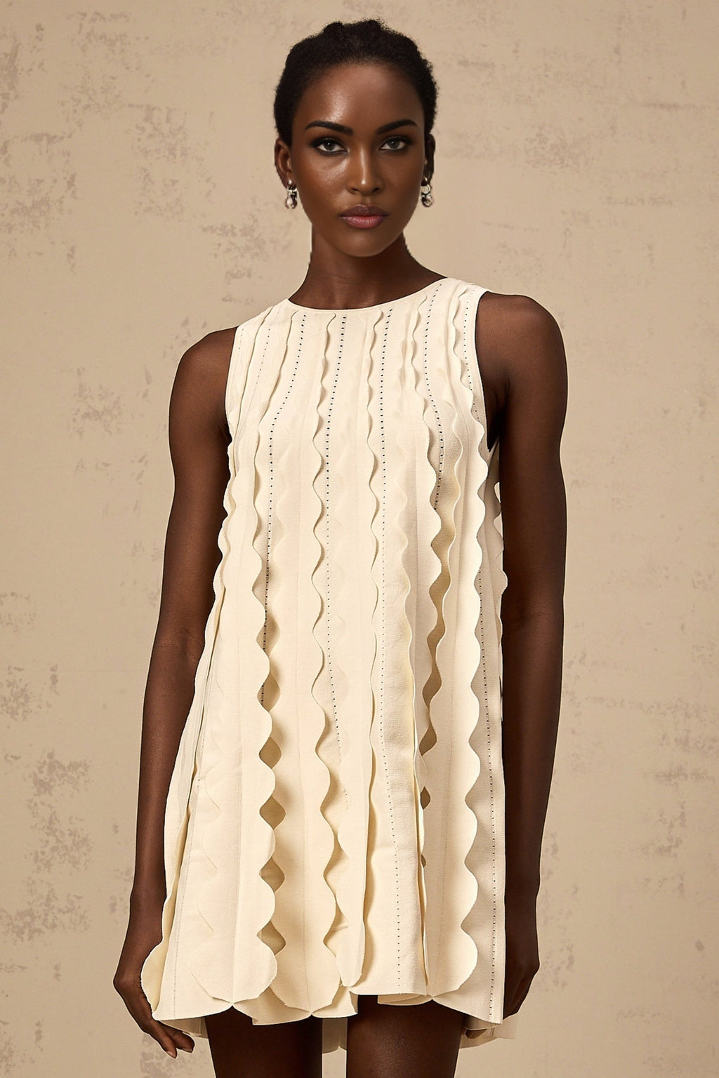 Joanna Mini Dress White Wavy Sleeveless with Rear Tie & Wavy Detailing