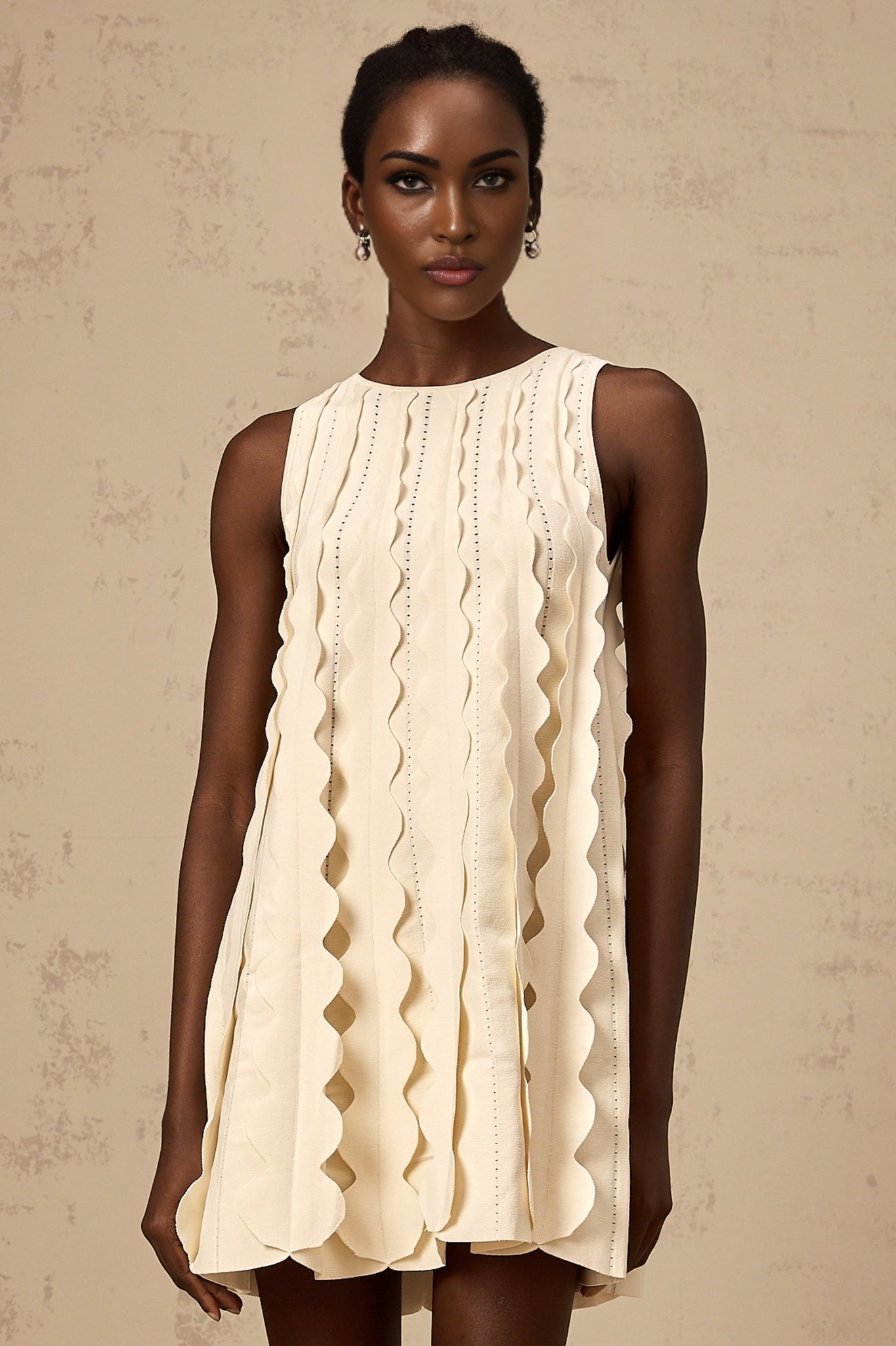 Joanna Mini Dress White Wavy Sleeveless with Rear Tie & Wavy Detailing