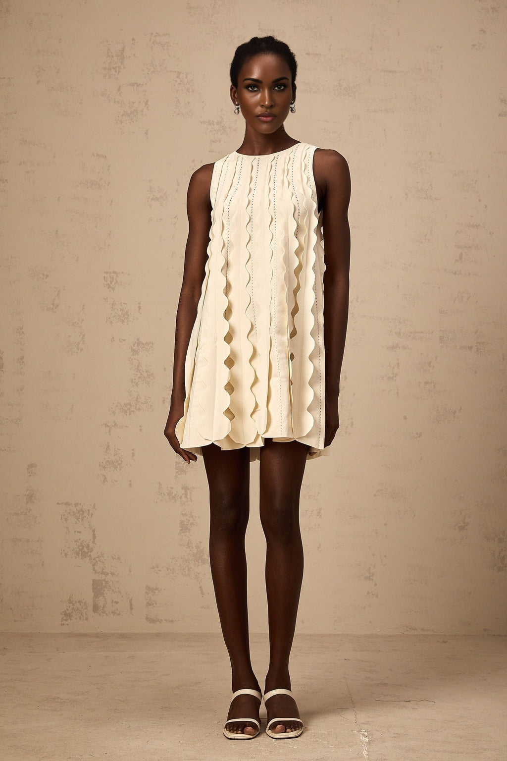 Joanna Mini Dress White Wavy Sleeveless with Rear Tie & Wavy Detailing