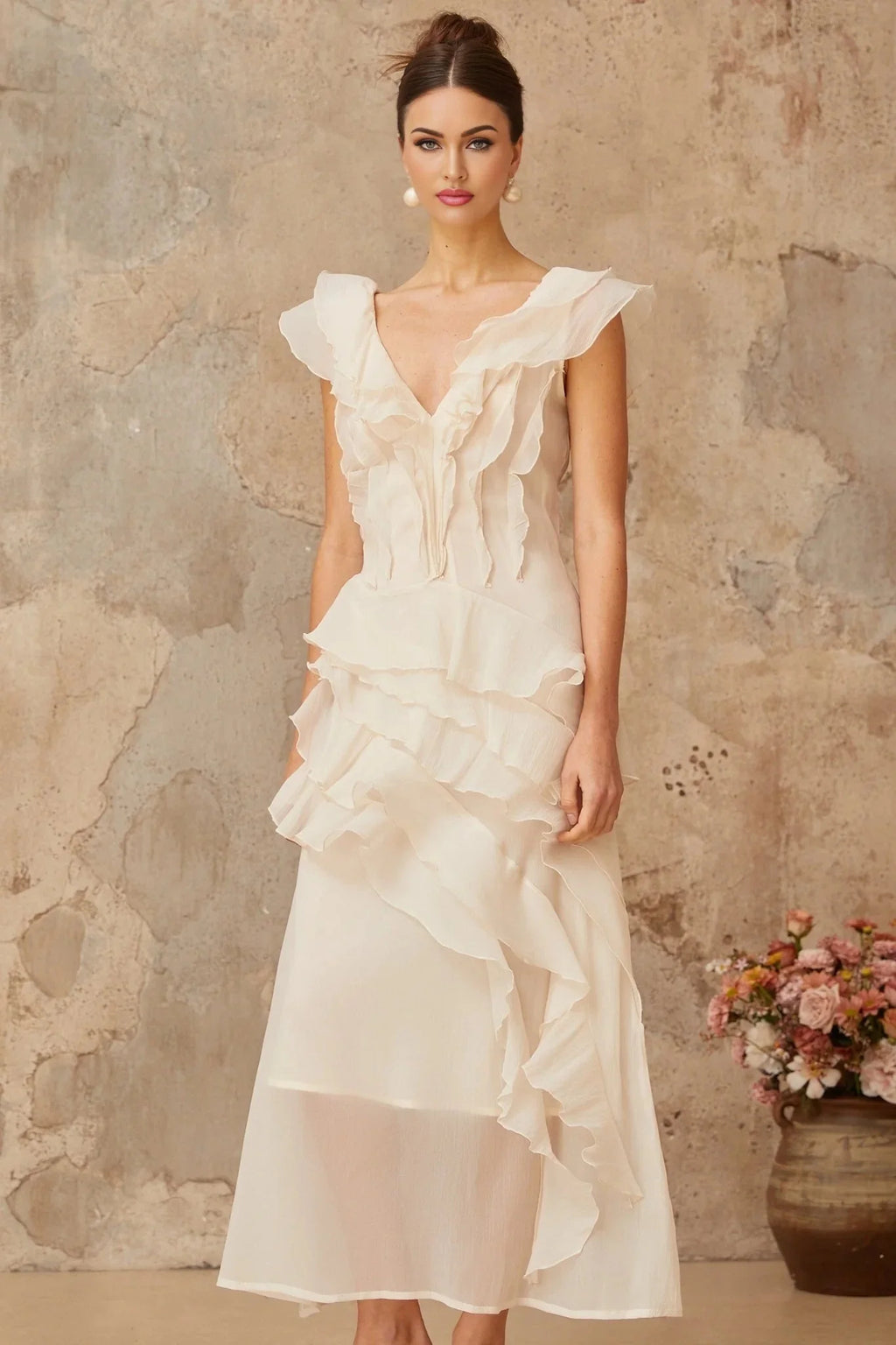 Jocelyn Maxi Dress Neutrals Ruffled Floral