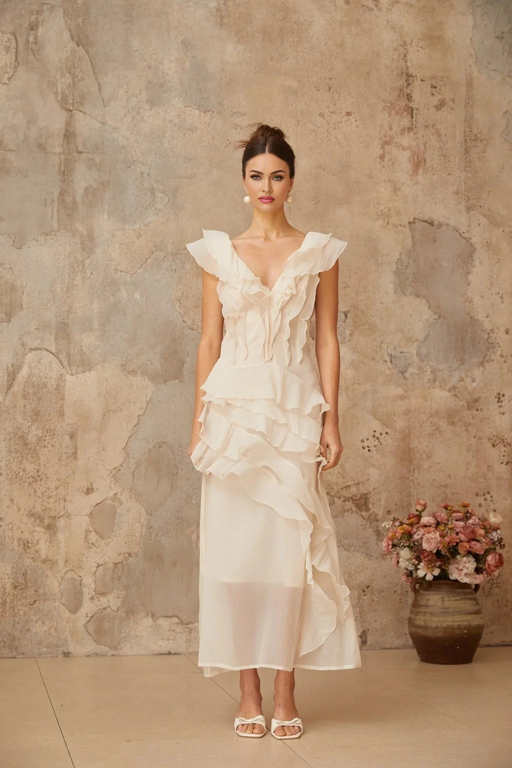 Jocelyn Maxi Dress Neutrals Ruffled Floral