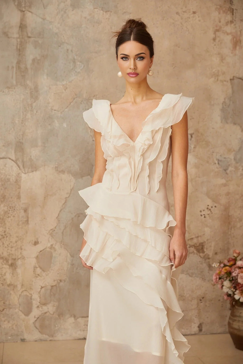 Jocelyn Maxi Dress Neutrals Ruffled Floral