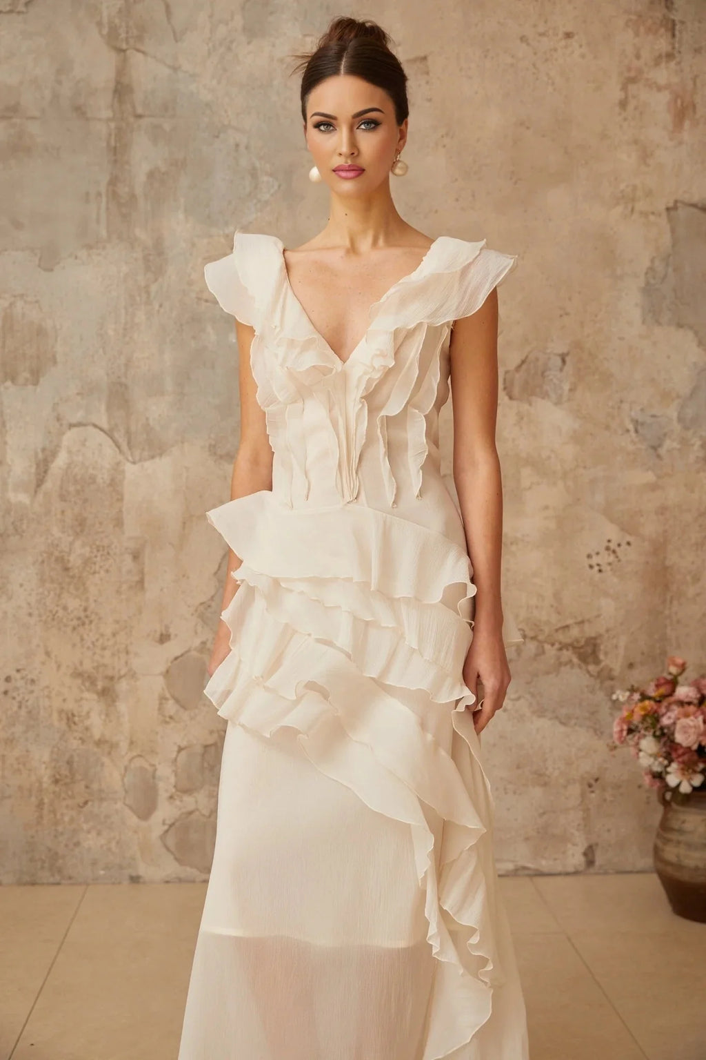 Jocelyn Maxi Dress Neutrals Ruffled Floral