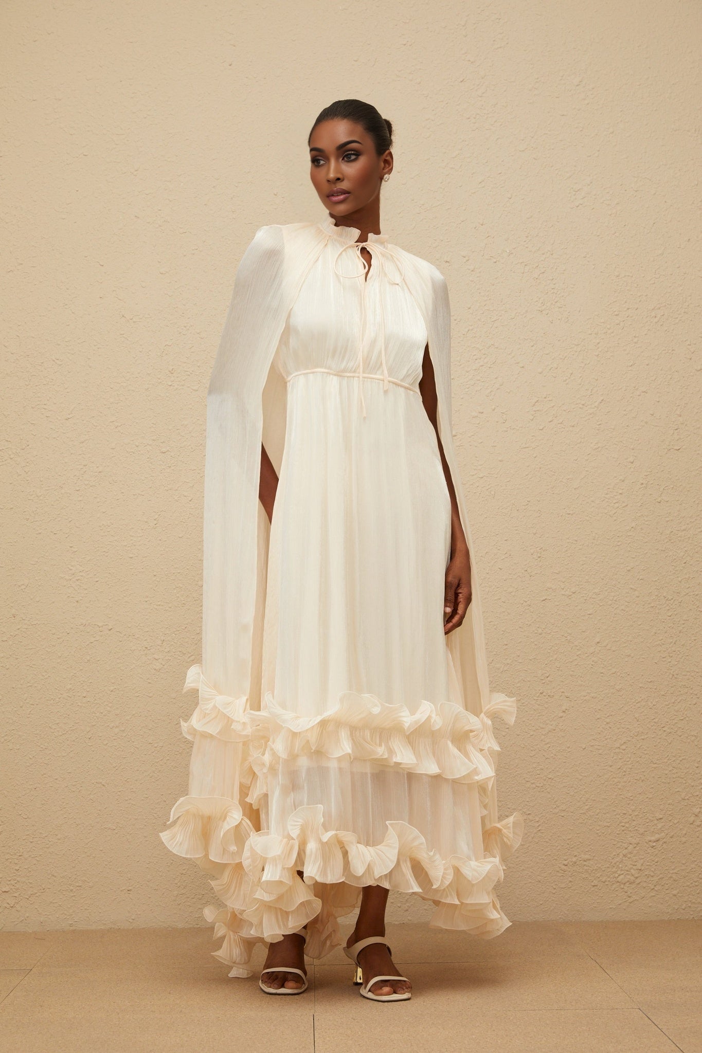 Jocelyn Midi Dress - Frilled Neck - Cape Design - Glossy Finish - Fully Pleated - Ruffled Trim
