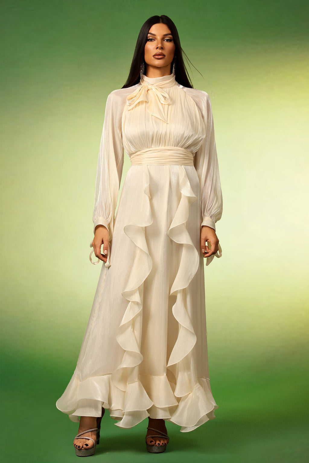 Johanna Beige Ruffle Detail High Neck Dress