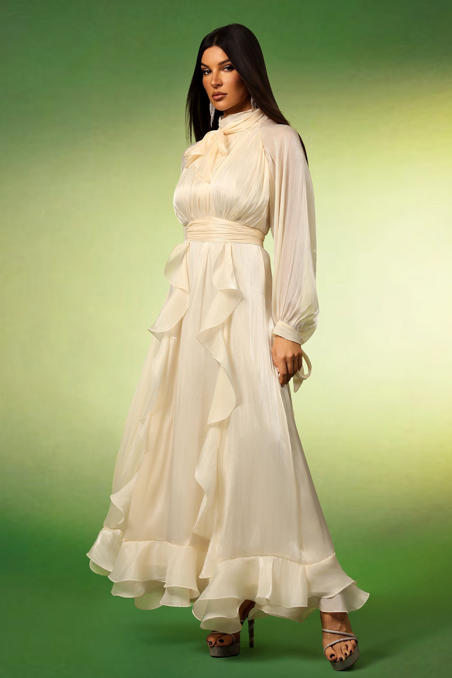 Johanna Beige Ruffle Detail Long Sleeve Dress