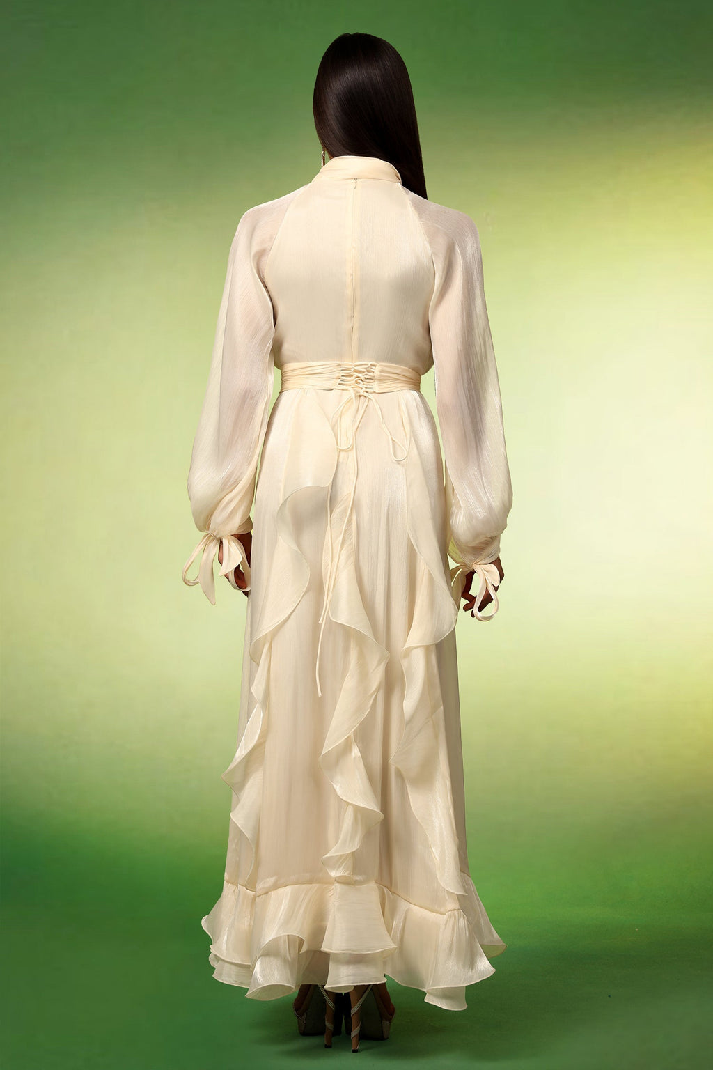 Johanna Beige Ruffle Detail Long Sleeve Dress